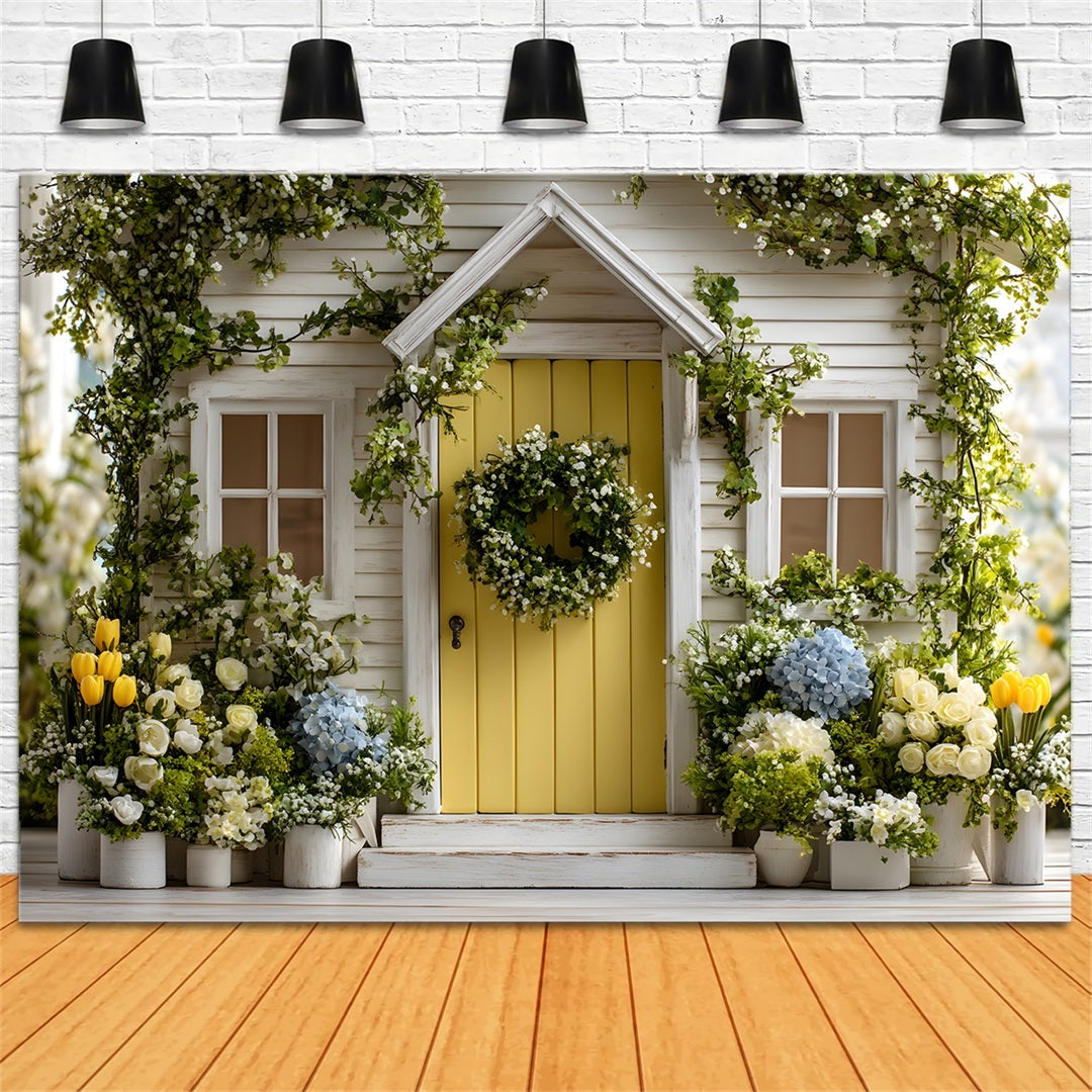 Easter Spring Backdrop Charming Yellow Door Garden Bloom Happy Easter Backdrop UK By Magali
