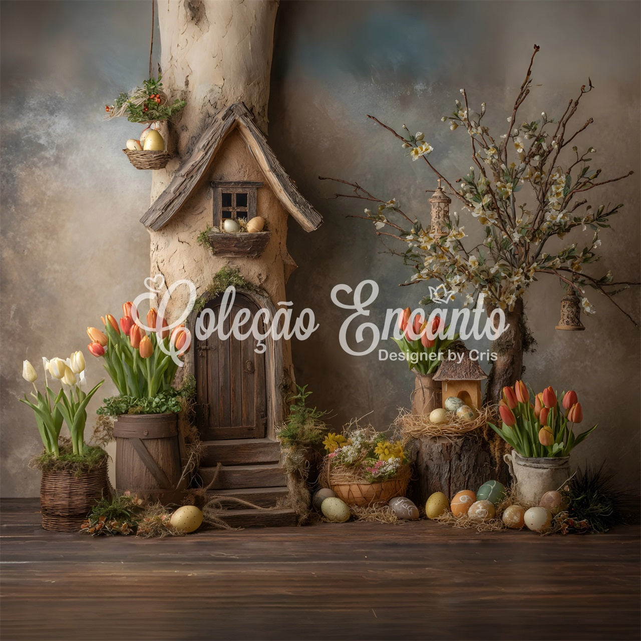 Easter Tulip Backdrop Rustic Cottage Nest Flower Easter Photoshoot Backdrop UK By Magali