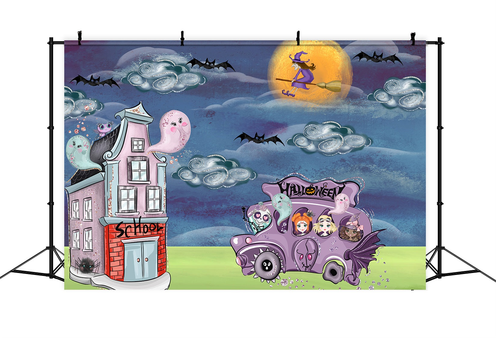Newborn Photo Backdrop Spooky Bus Witch Moon Halloween Backdrops For Kids UK By Magali