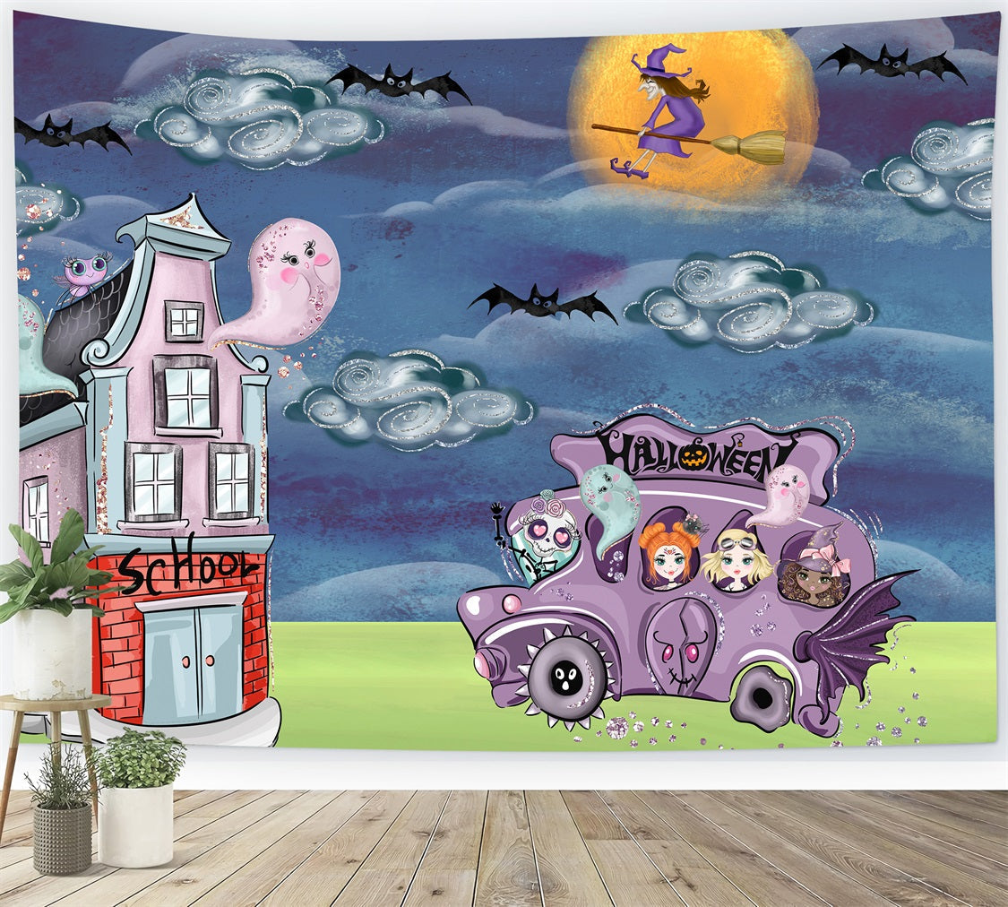Newborn Photo Backdrop Spooky Bus Witch Moon Halloween Backdrops For Kids UK By Magali