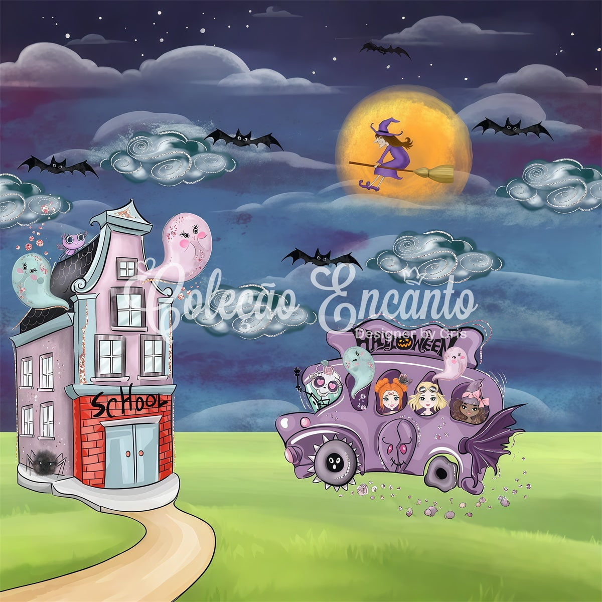 Newborn Photo Backdrop Spooky Bus Witch Moon Halloween Backdrops For Kids UK By Magali