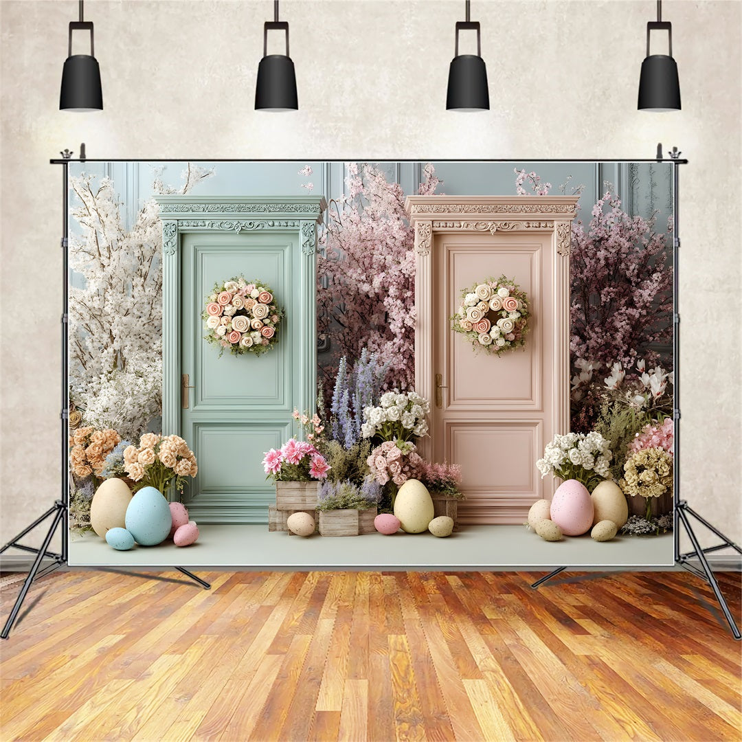 Easter Spring Floral Wreath Backdrop Dual Flower Doors Eggs Easter Backdrops For Photos UK By Magali