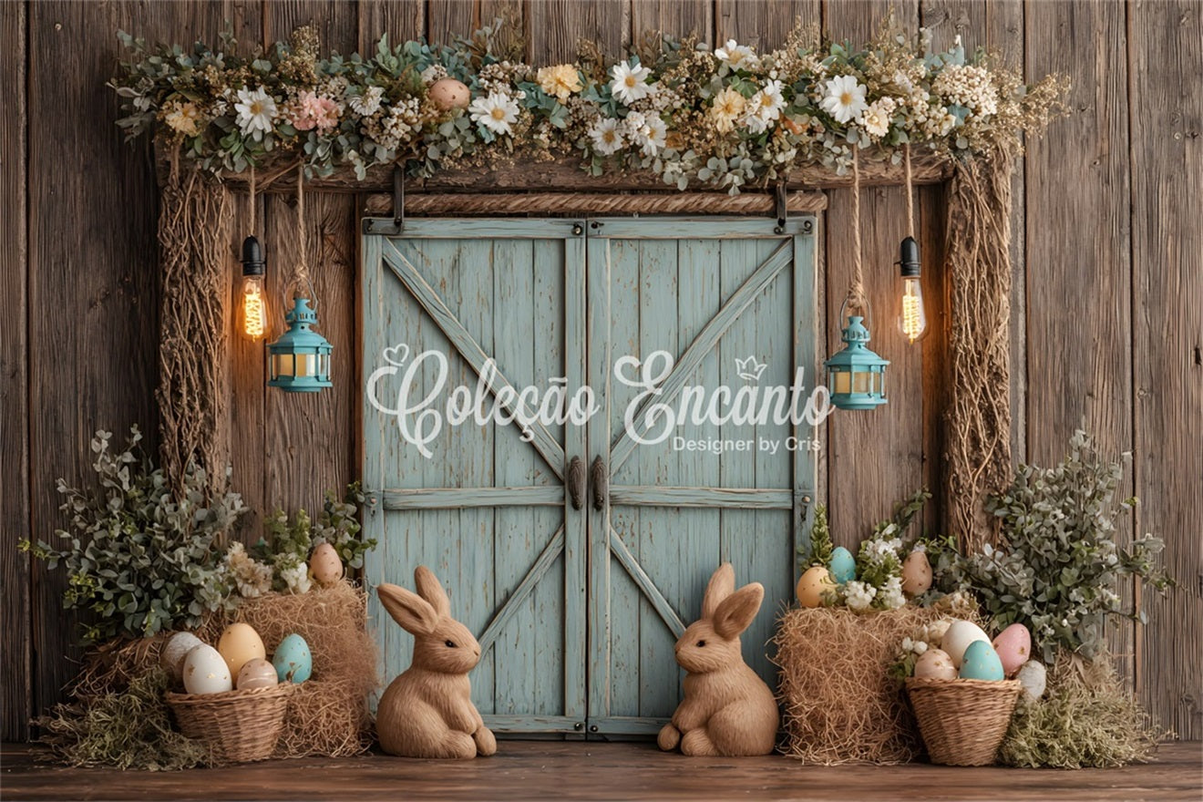 Easter Rustic Backdrop Rustic Bunny Egg Door Happy Easter Photo Backdrop UK By Magali