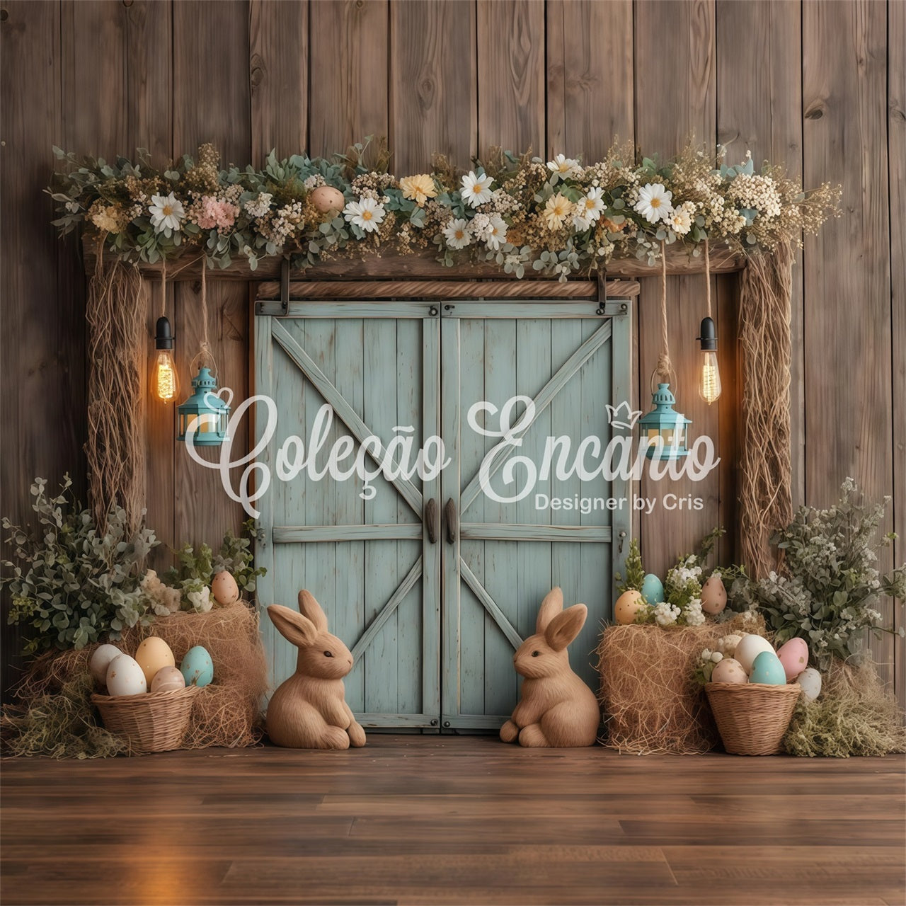Easter Rustic Backdrop Rustic Bunny Egg Door Happy Easter Photo Backdrop UK By Magali