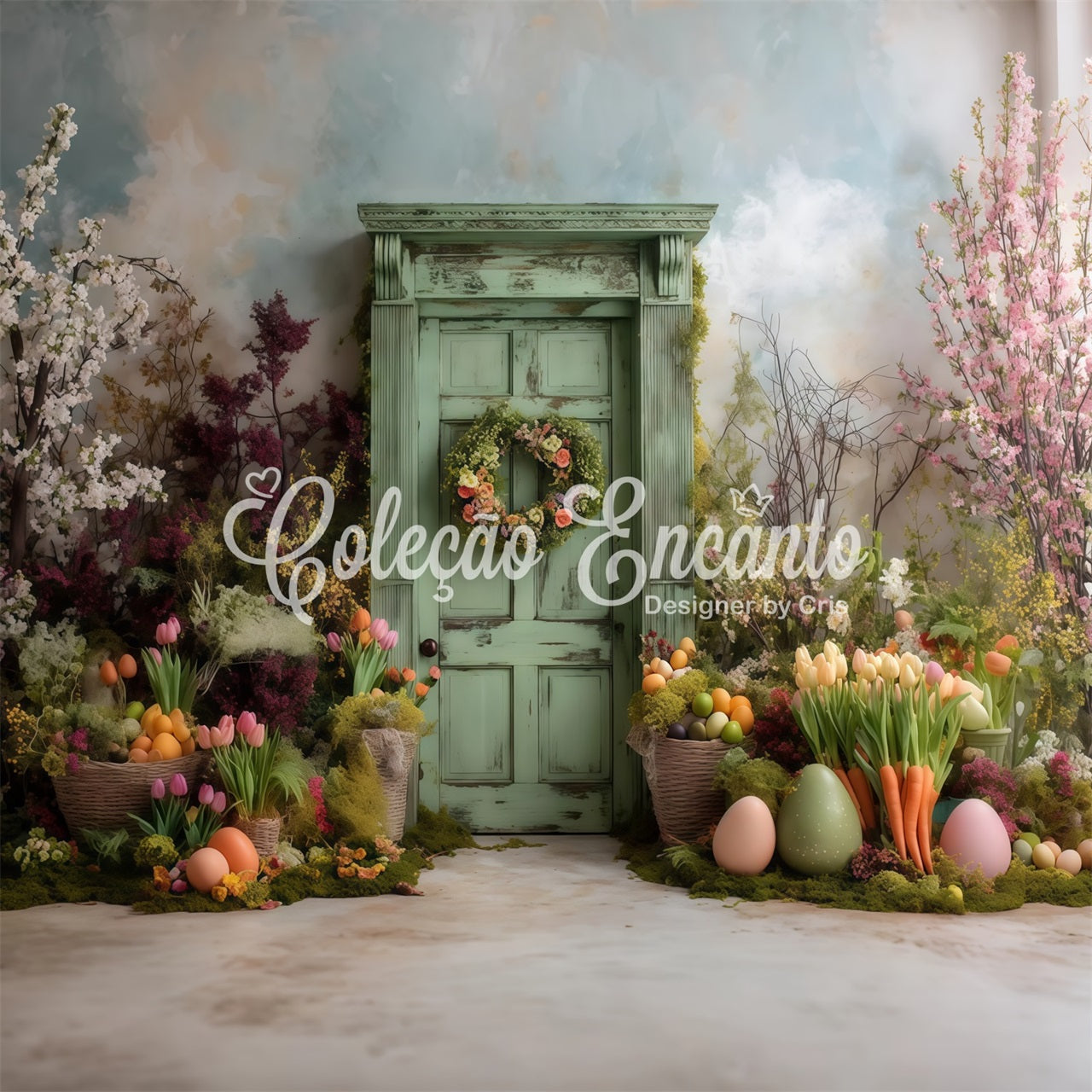 Easter Tulip Backdrop Mossy Rustic Green Door Egg Photo Backdrops For Easter UK By Magali