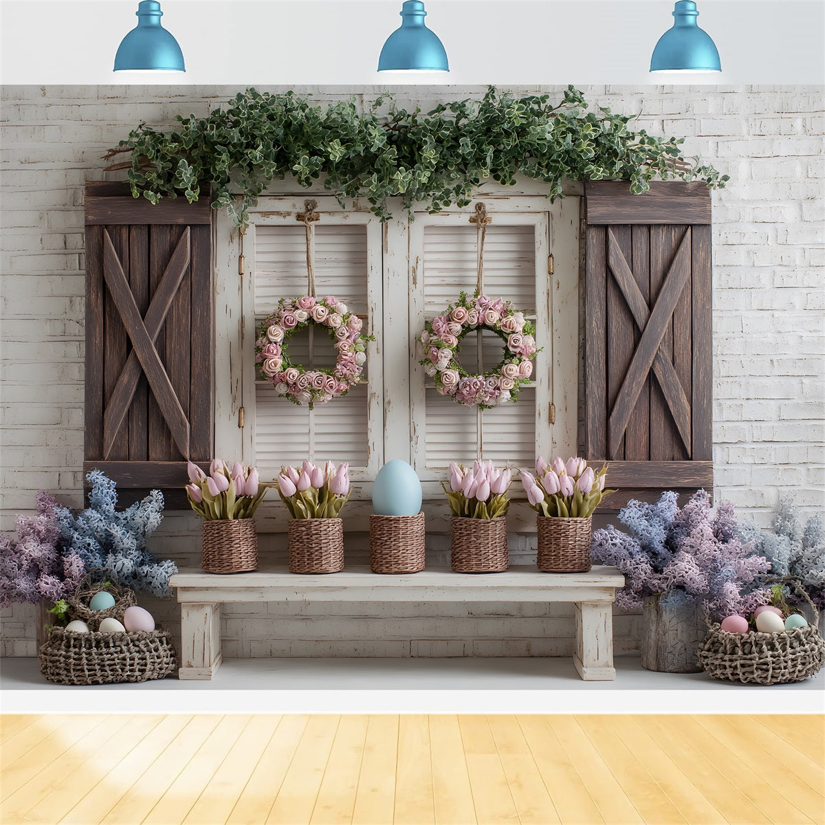Easter Spring Floral Wreath Backdrop Pink Tulip Egg Window Photography Backdrops Easter UK By Magali