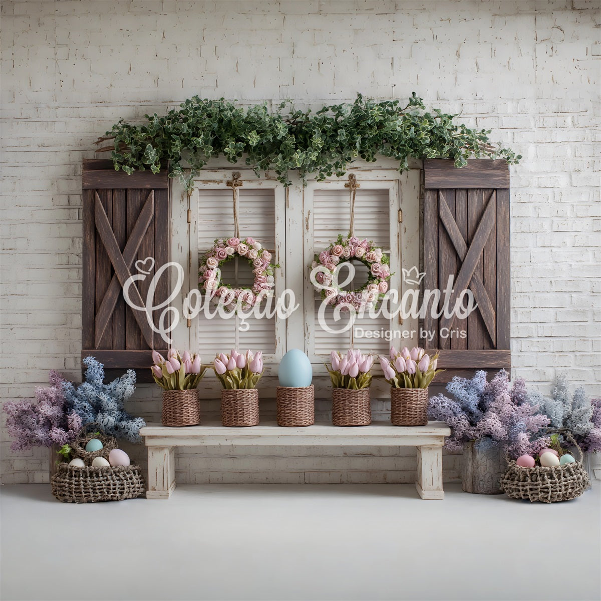 Easter Spring Floral Wreath Backdrop Pink Tulip Egg Window Photography Backdrops Easter UK By Magali