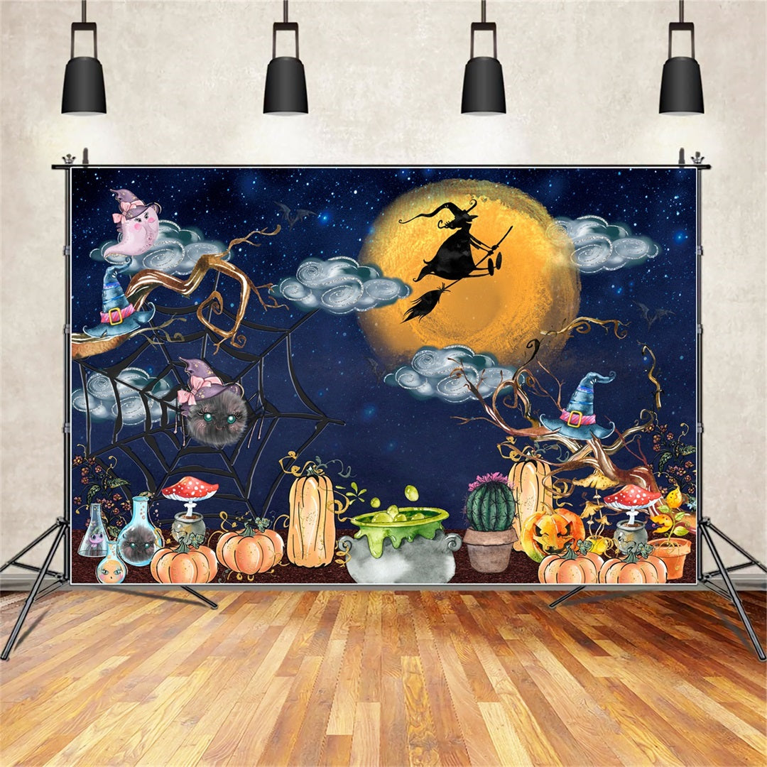 Backdrop For Children Midnight Witch Cauldron Pumpkin Halloween Backdrop Kids UK By Magali