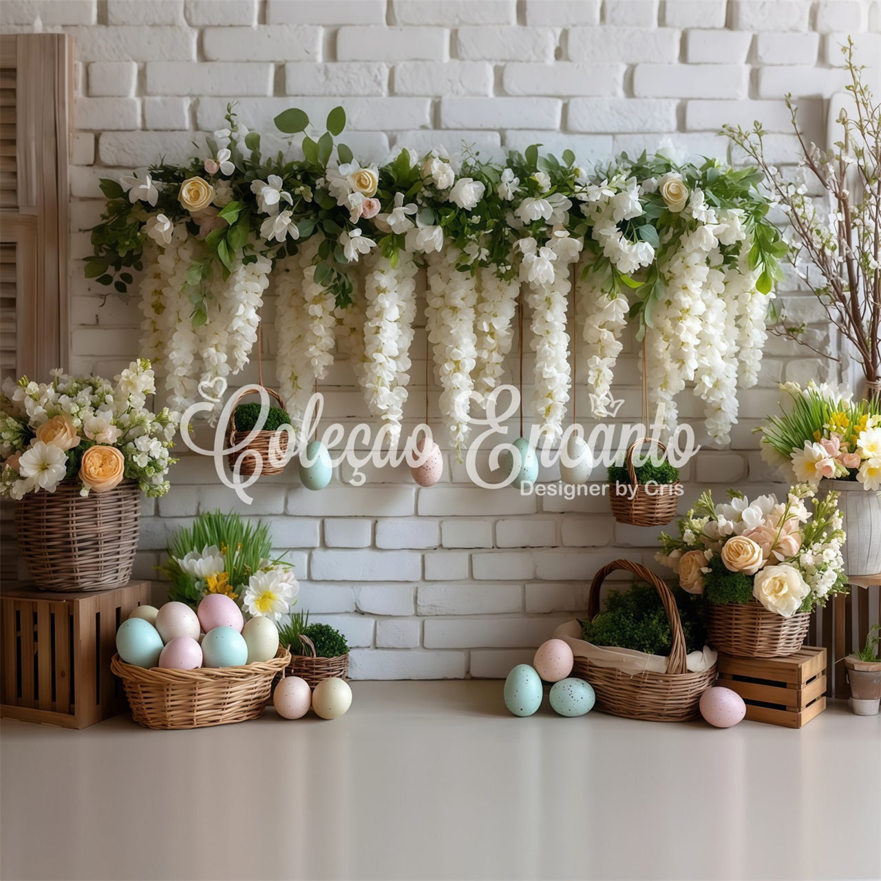 Easter Basket Backdrop White Floral Egg Wall Easter Themed Backdrops UK By Magali