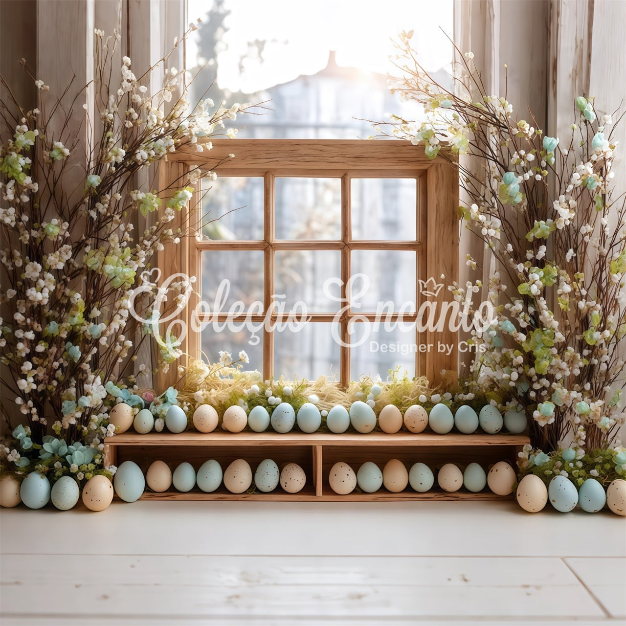 Easter Egg Backdrop Flower Blooms Wooden Window Photo Shoot Easter Backdrop UK By Magali