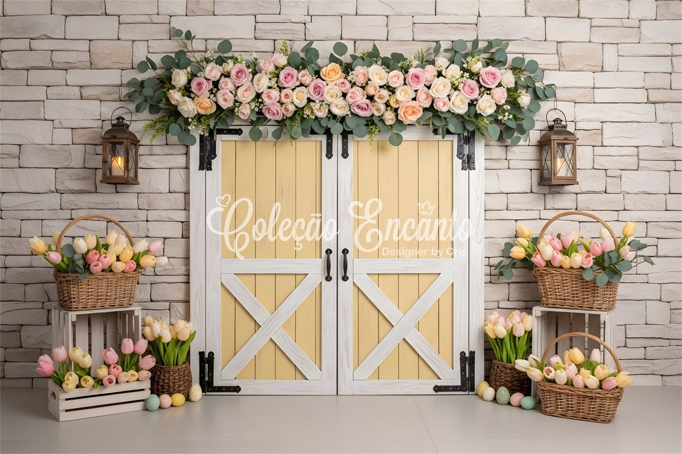 Easter Wreath Doorway Backdrop Yellow Door Tulip Egg Basket Easter Backdrop Pictures UK By Magali