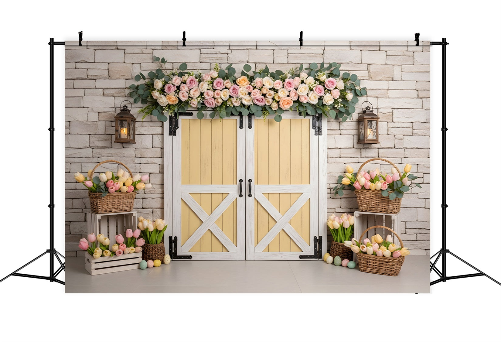 Easter Wreath Doorway Backdrop Yellow Door Tulip Egg Basket Easter Backdrop Pictures UK By Magali