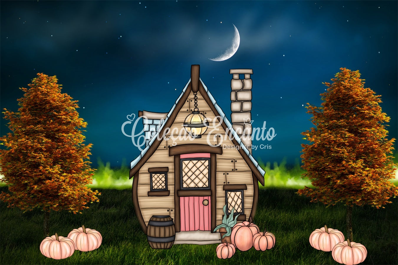 Newborn Backdrops Moonlit Cottage Pumpkin Lawn Halloween Backdrops For Kids UK By Magali