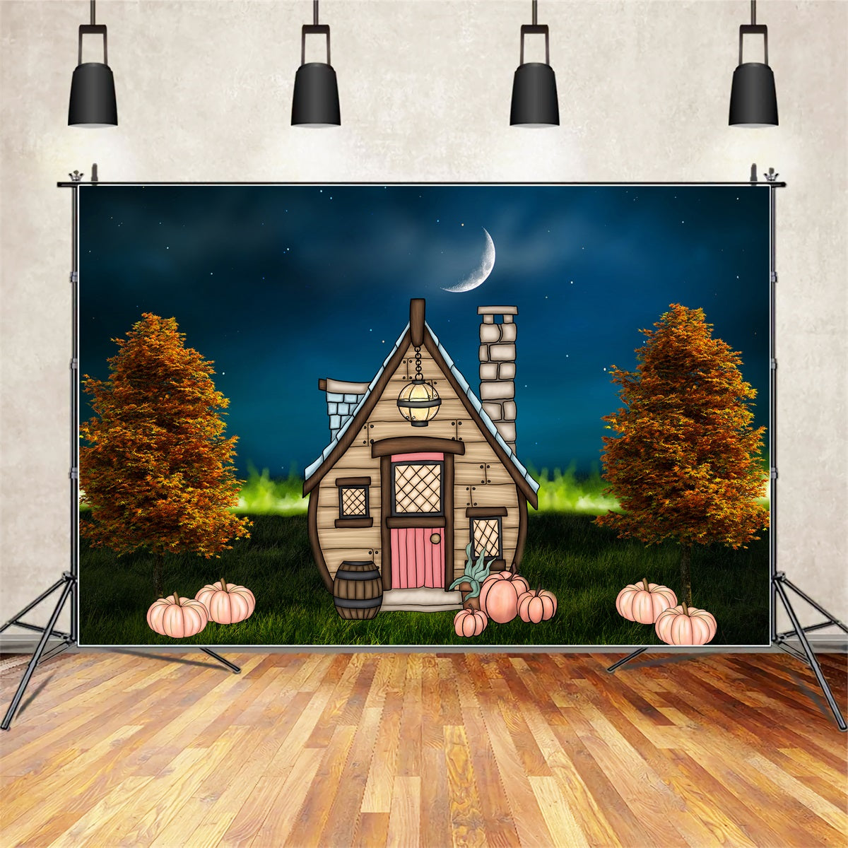 Newborn Backdrops Moonlit Cottage Pumpkin Lawn Halloween Backdrops For Kids UK By Magali