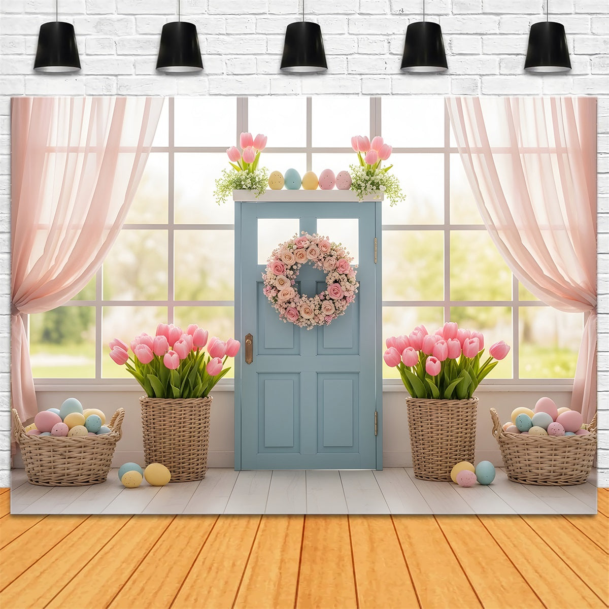 Easter Window Spring Light Backdrop Blue Door Tulip Egg Baskets Easter Backdrop Photos UK By Magali
