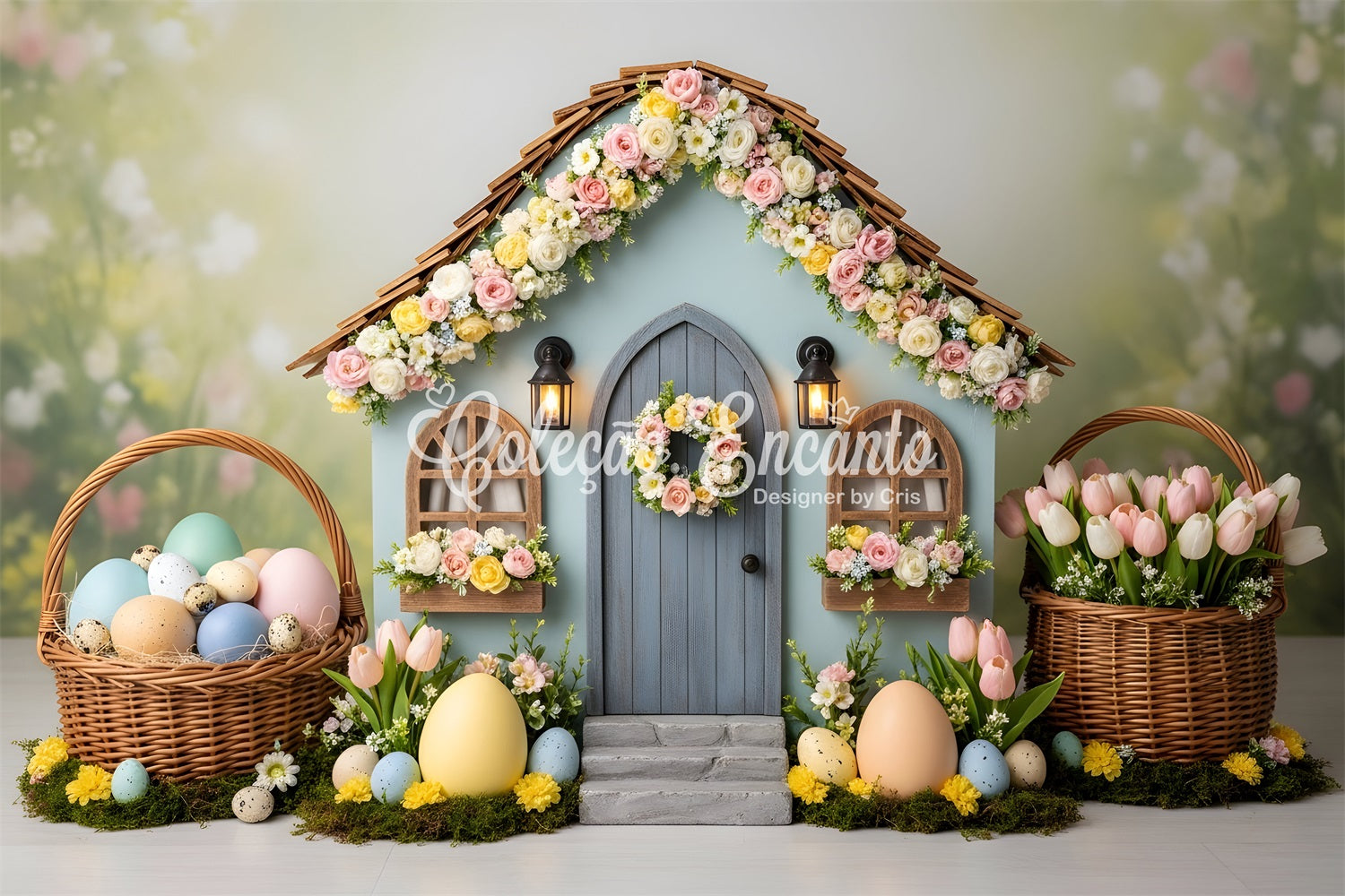 Easter Egg Backdrop Floral Cottage House Tulip Photo Booth Easter Backdrop Ideas UK By Magali