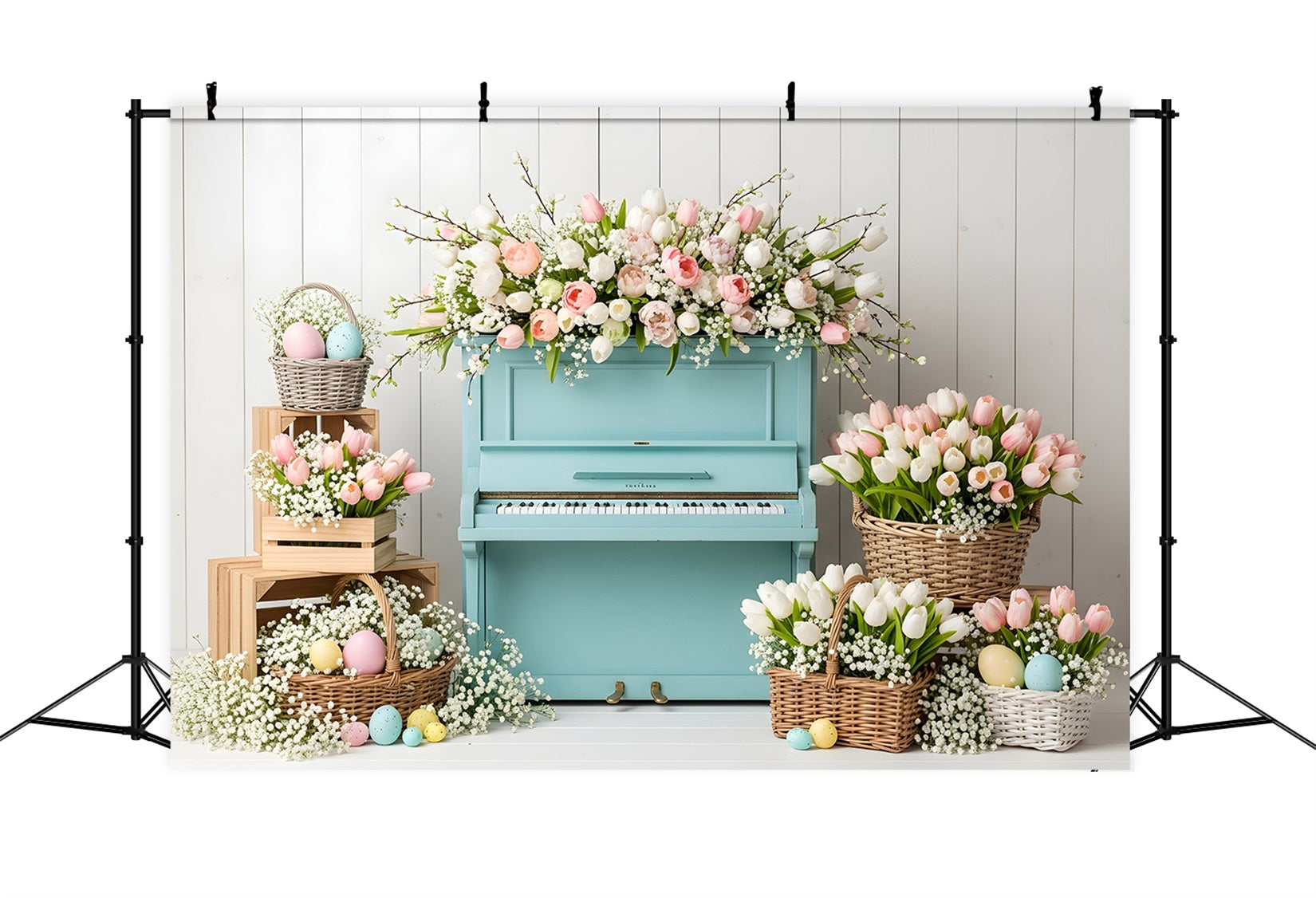 Easter Tulip Backdrop Blue Piano Egg Baskets Easter Photo Booth Backdrop Ideas UK By Magali