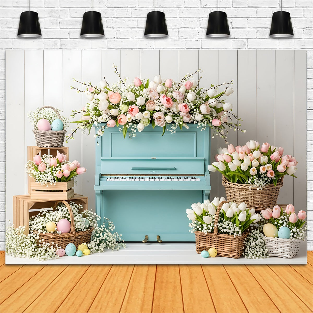 Easter Tulip Backdrop Blue Piano Egg Baskets Easter Photo Booth Backdrop Ideas UK By Magali