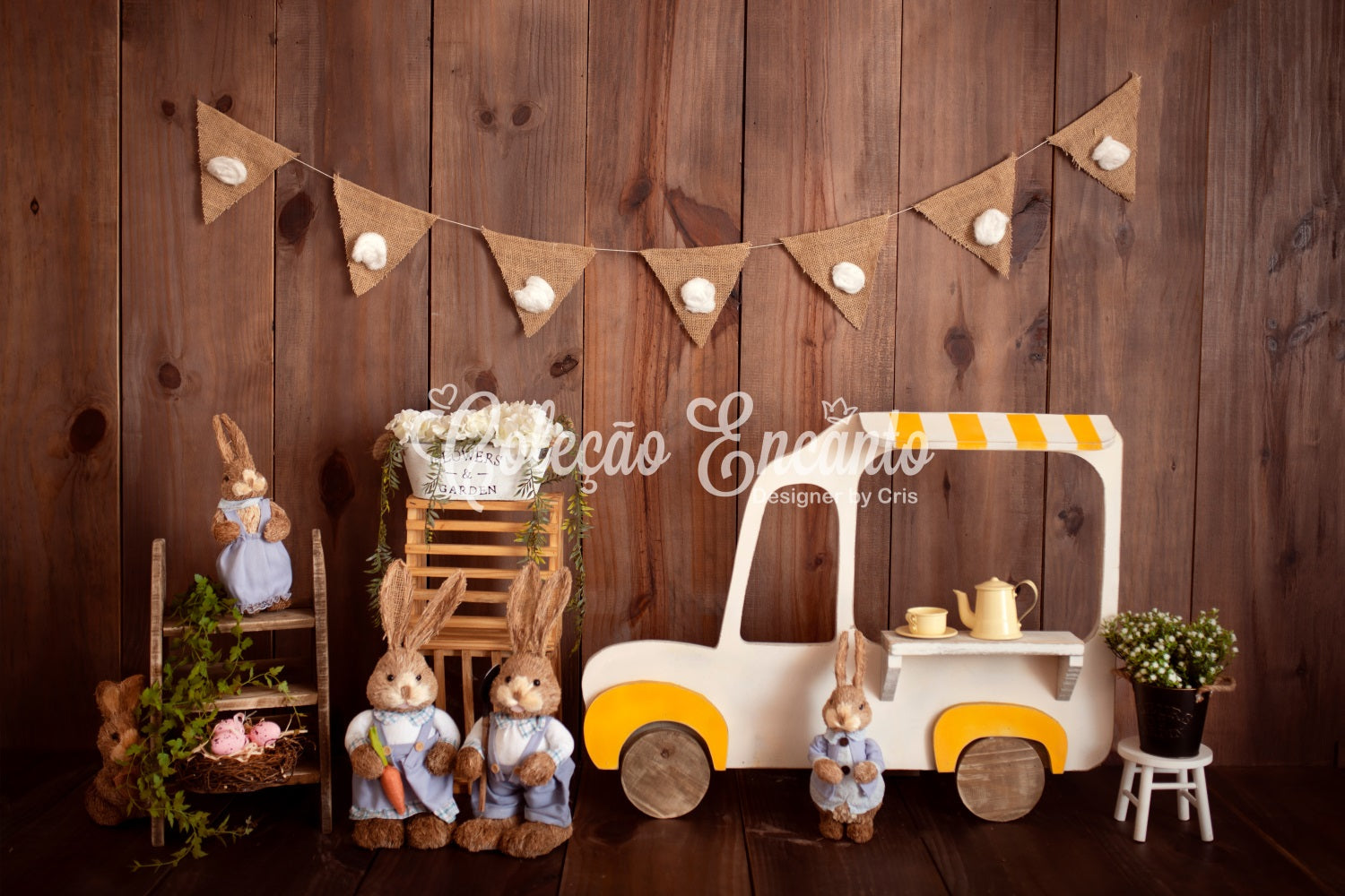 Children Backdrops Wooden Bunny Ice Cream Cart Easter Photo Backdrop UK By Magali