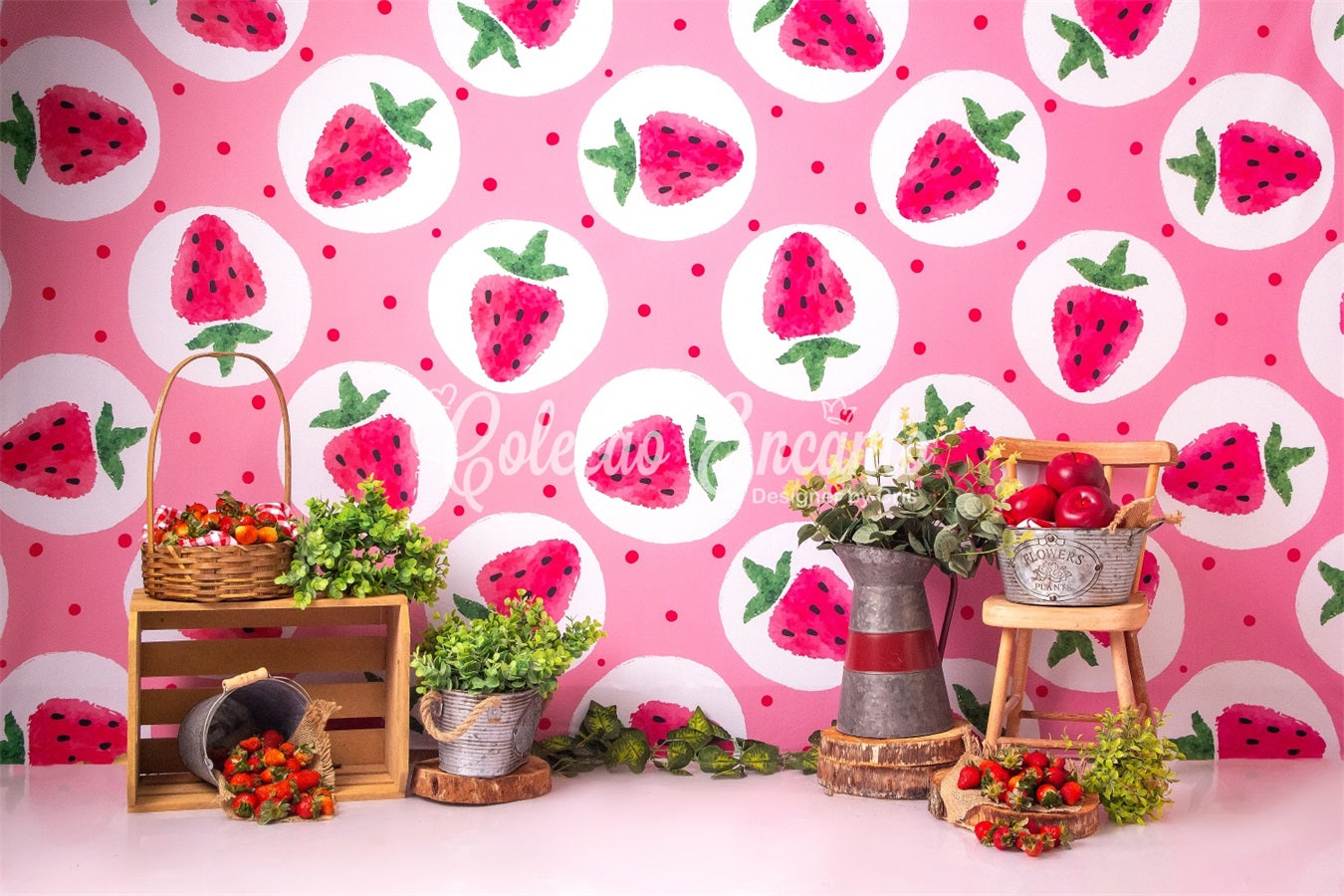 Childrens Backdrops Pink Strawberry Picnic Farm Stand Kids Photography Backdrop UK By Magali