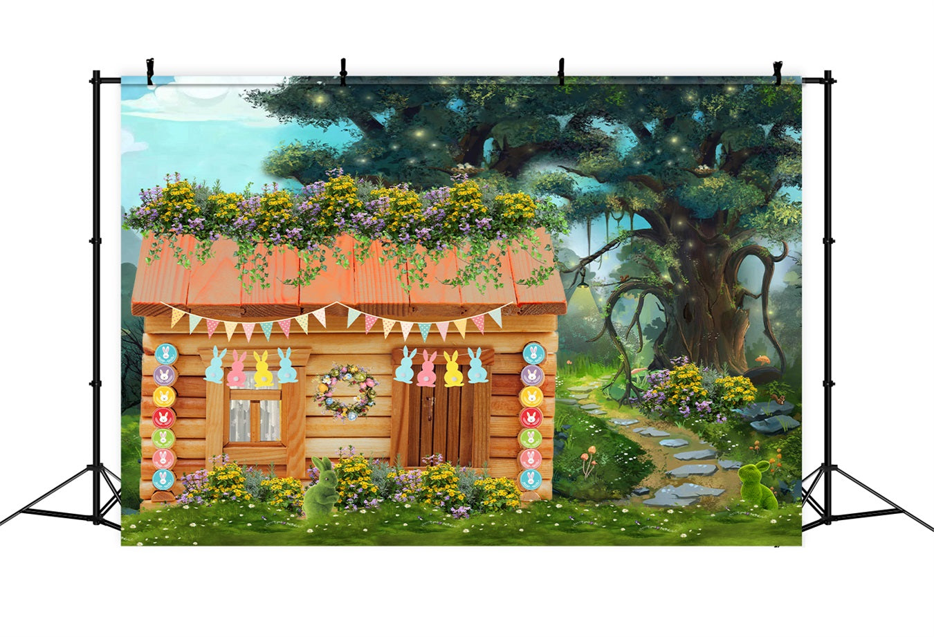 Kids Backdrop Pastel Bunny Garden Woodland Cottage Easter Photo Backdrop UK By Magali