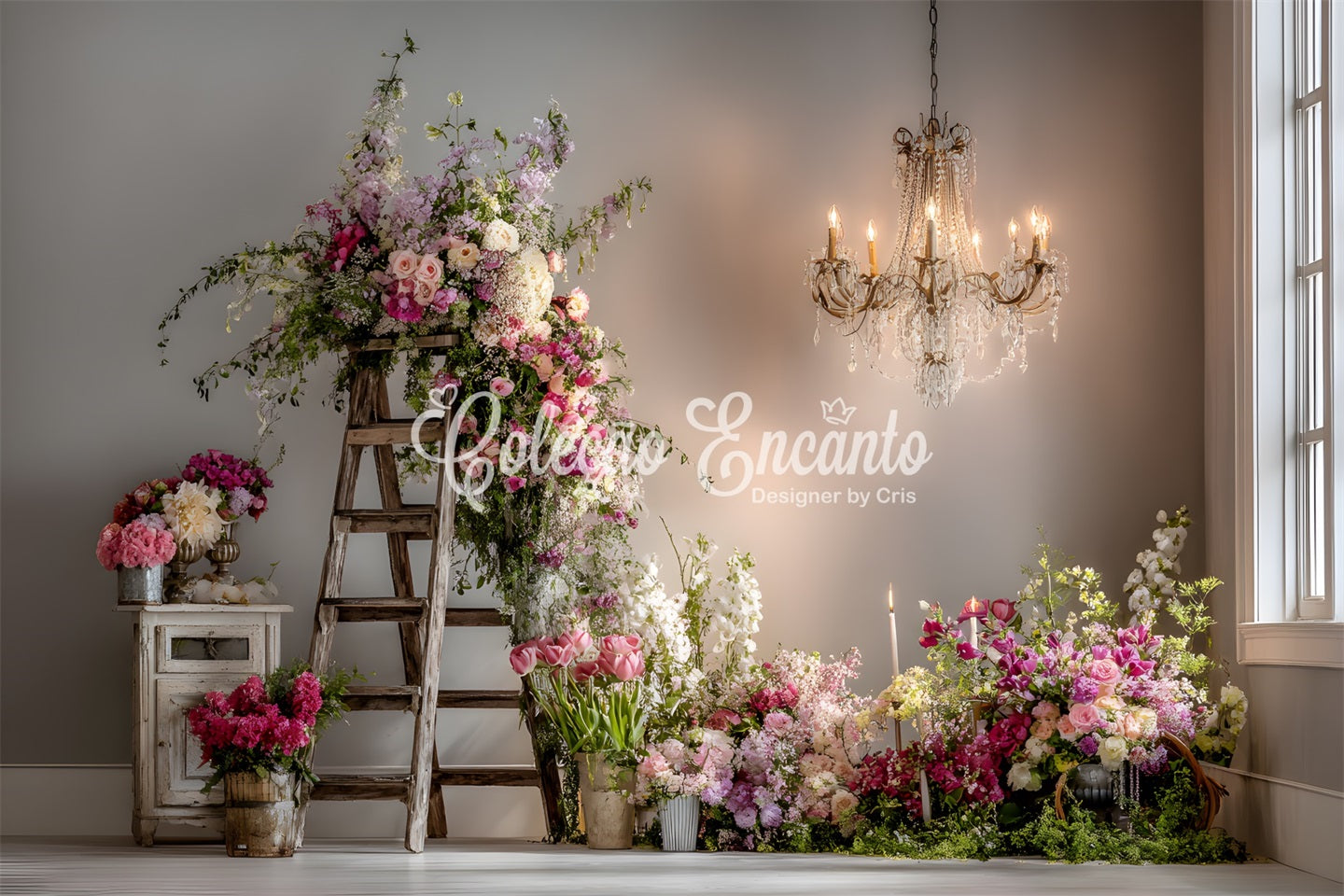 Mother's Day Backdrops Rustic Floral Ladder Arrangement Mothers Day Photo Backdrop UK By Magali