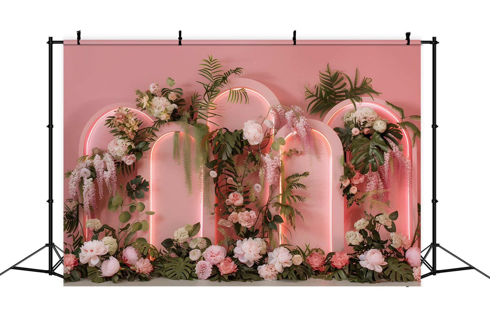 Mother's Day Backdrop Design Neon Arches Tropical Flowers Mother's Day Photo Backdrop UK By Magali