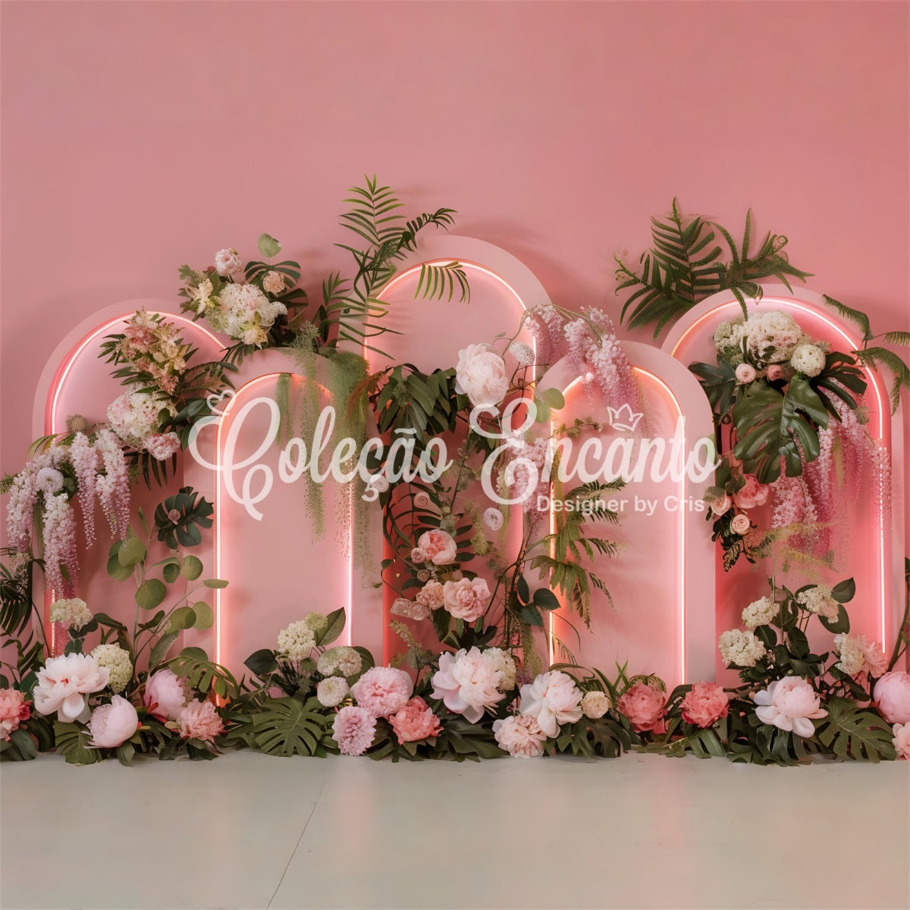Mother's Day Backdrop Design Neon Arches Tropical Flowers Mother's Day Photo Backdrop UK By Magali