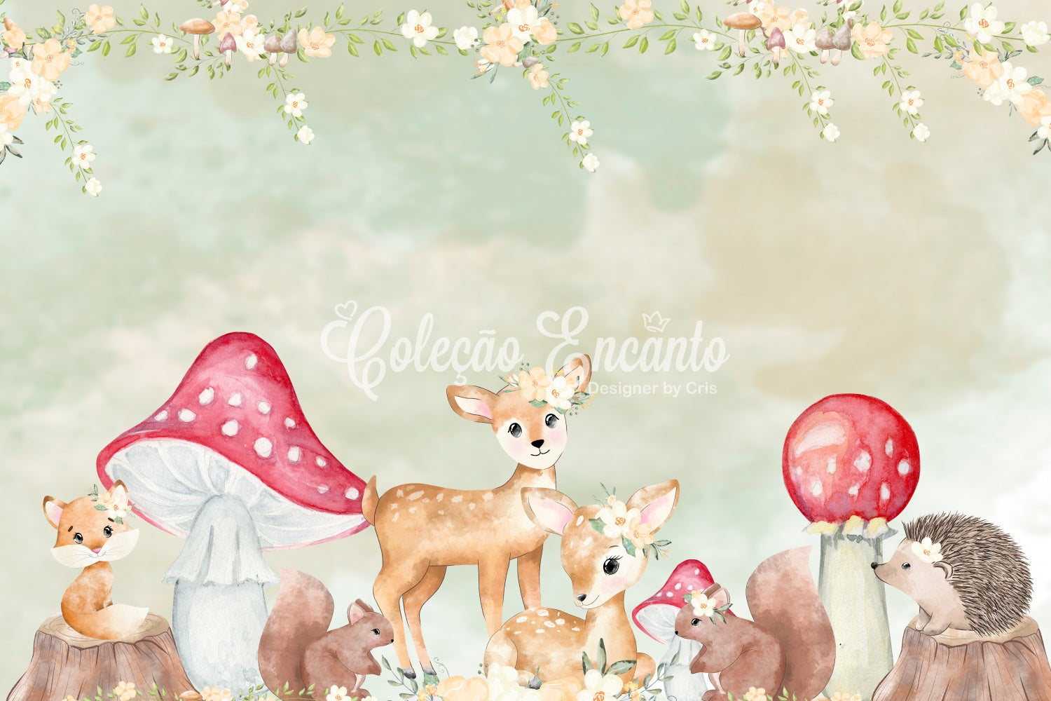 Kids Photography Backdrop Woodland Fawn Mushroom Floral Border Children Backdrop UK By Magali