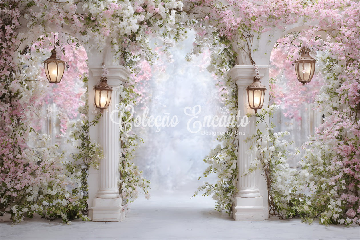 Mothers Day Photo Booth Backdrop Soft Pink Blossom Pillars Mother's Day Photo Booth Backdrop UK By Magali
