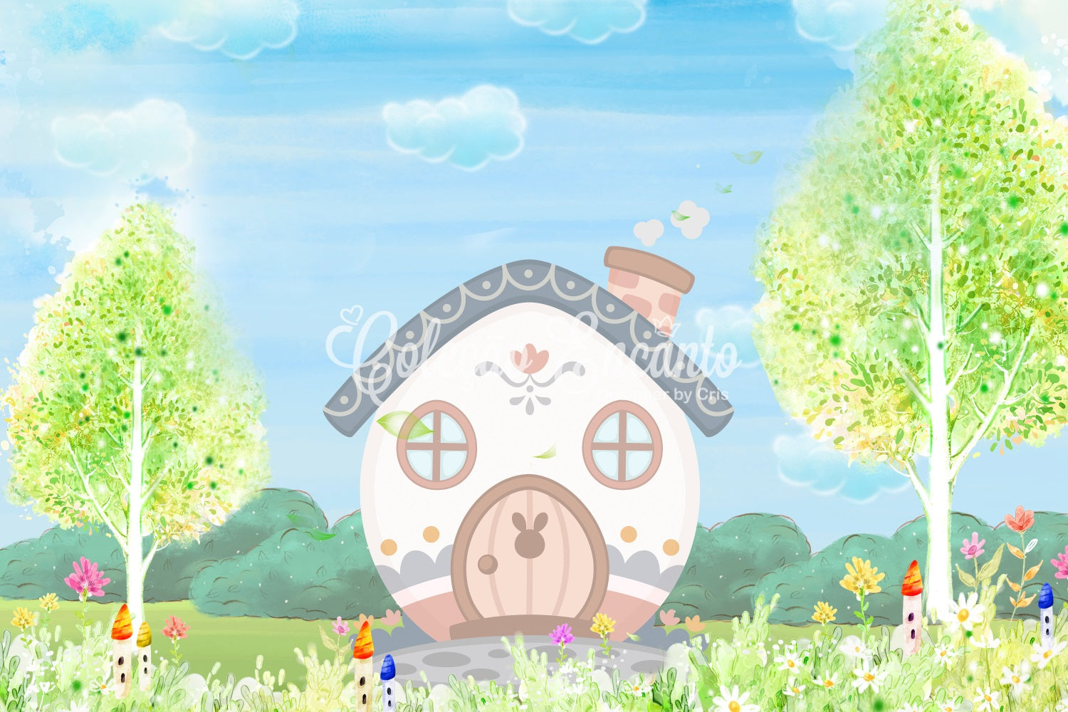 Kids Photoshoot Backdrop Pastel Bunny Cottage Spring Garden Childrens Backdrops UK By Magali