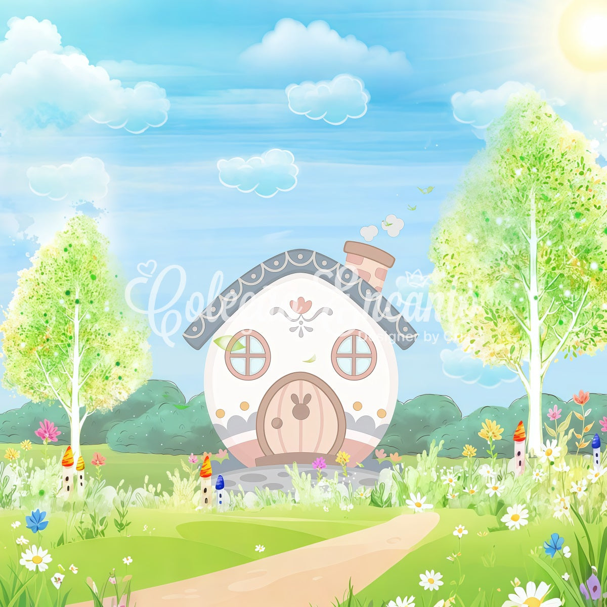 Kids Photoshoot Backdrop Pastel Bunny Cottage Spring Garden Childrens Backdrops UK By Magali