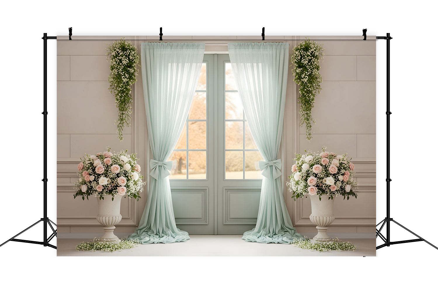 Backdrop For Mother's Day Mint Curtain Door Floral Urns Mothers Day Photography Backdrops UK By Magali