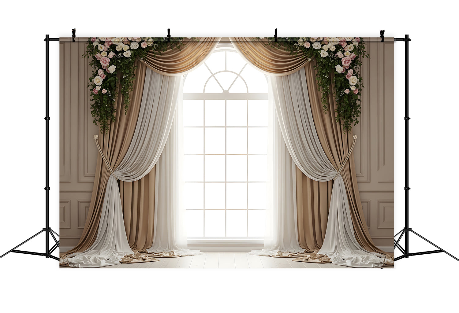 Mother's Day Backdrop Champagne Window Drapes Floral Swag Mother's Day Photo Booth Backdrops UK By Magali