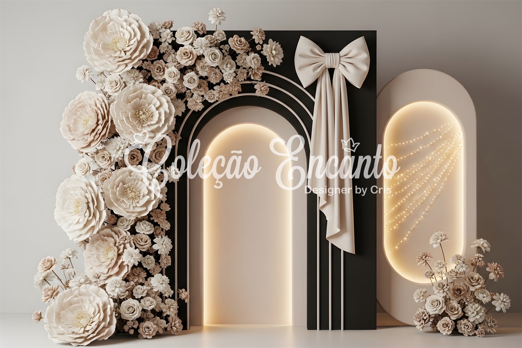 Mother's Day Backdrop Design Ivory Bow Arch Floral Glow Photo Backdrop For Mothers Day UK By Magali