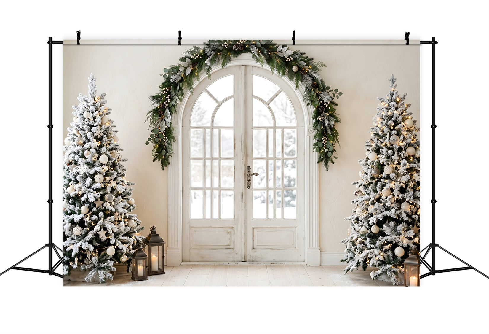 Christmas Themed Backdrop Elegant Arched Door Snowy Trees Christmas Photo Booth Backdrop UK CEM65-100