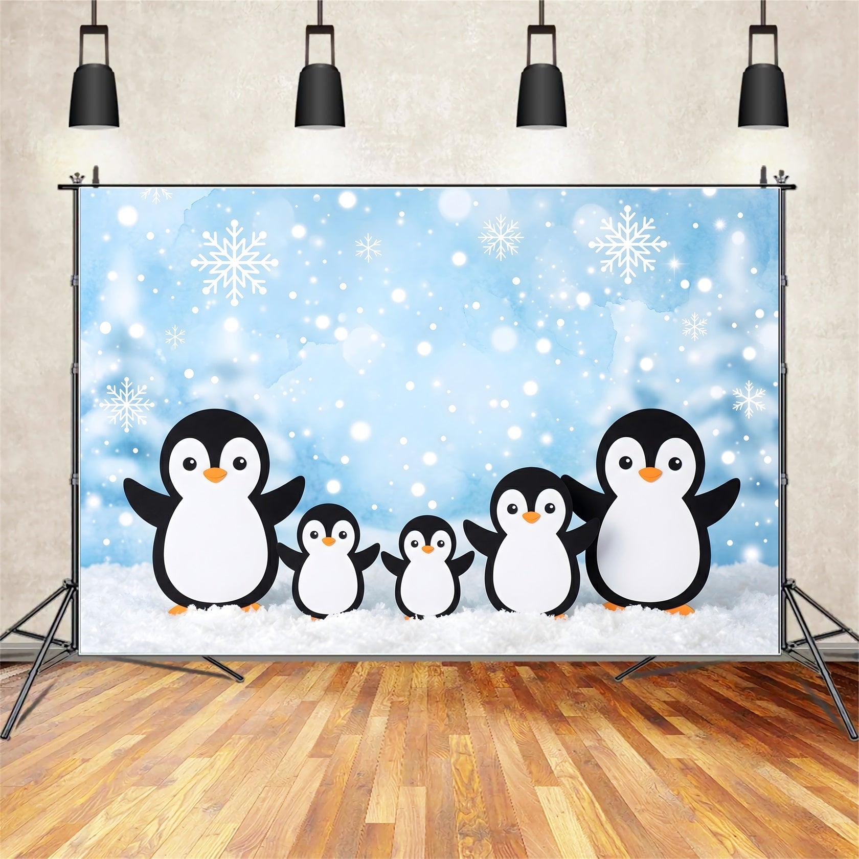 Christmas Scene Backdrop Blue Snowflake Penguin Family Magic Christmas Backdrop Design UK CEM65-102