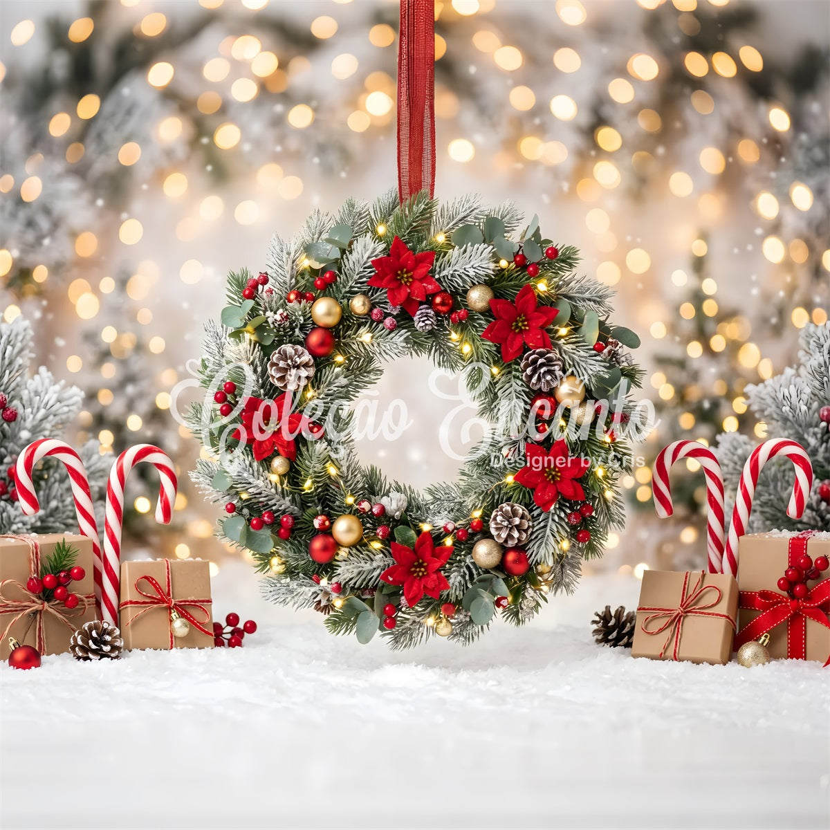 Christmas Lights Backdrop Frosted Poinsettia Wreath Candy Christmas Backdrop For Photography UK CEM65-104