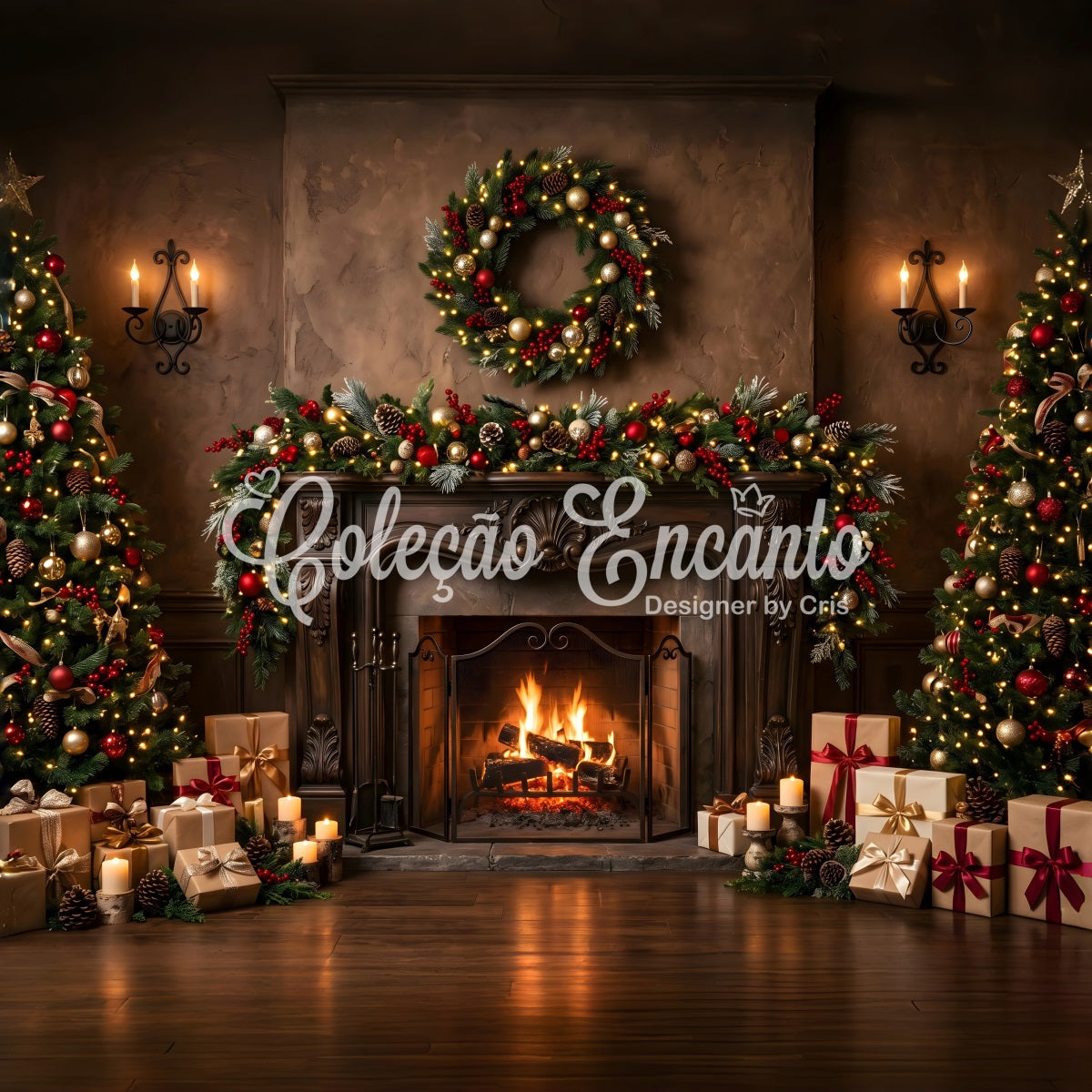 Large Christmas Backdrops Elegant Fireplace Wreath Candle Glow Christmas Backdrop For Pictures UK CEM65-107