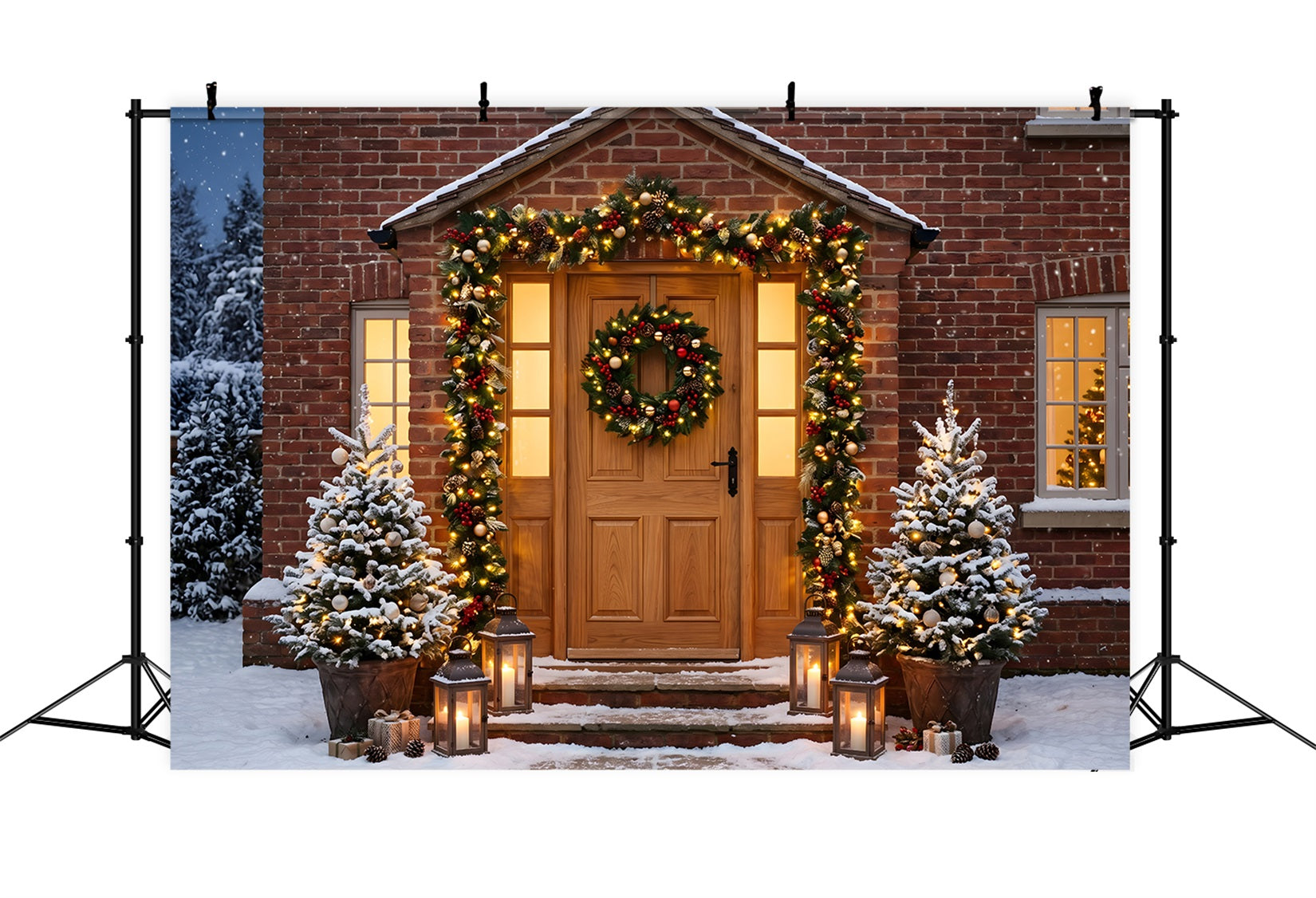 Photo Booth Christmas Backdrop Brick Door Garland Lantern Glow Large Christmas Backdrops UK CEM65-108