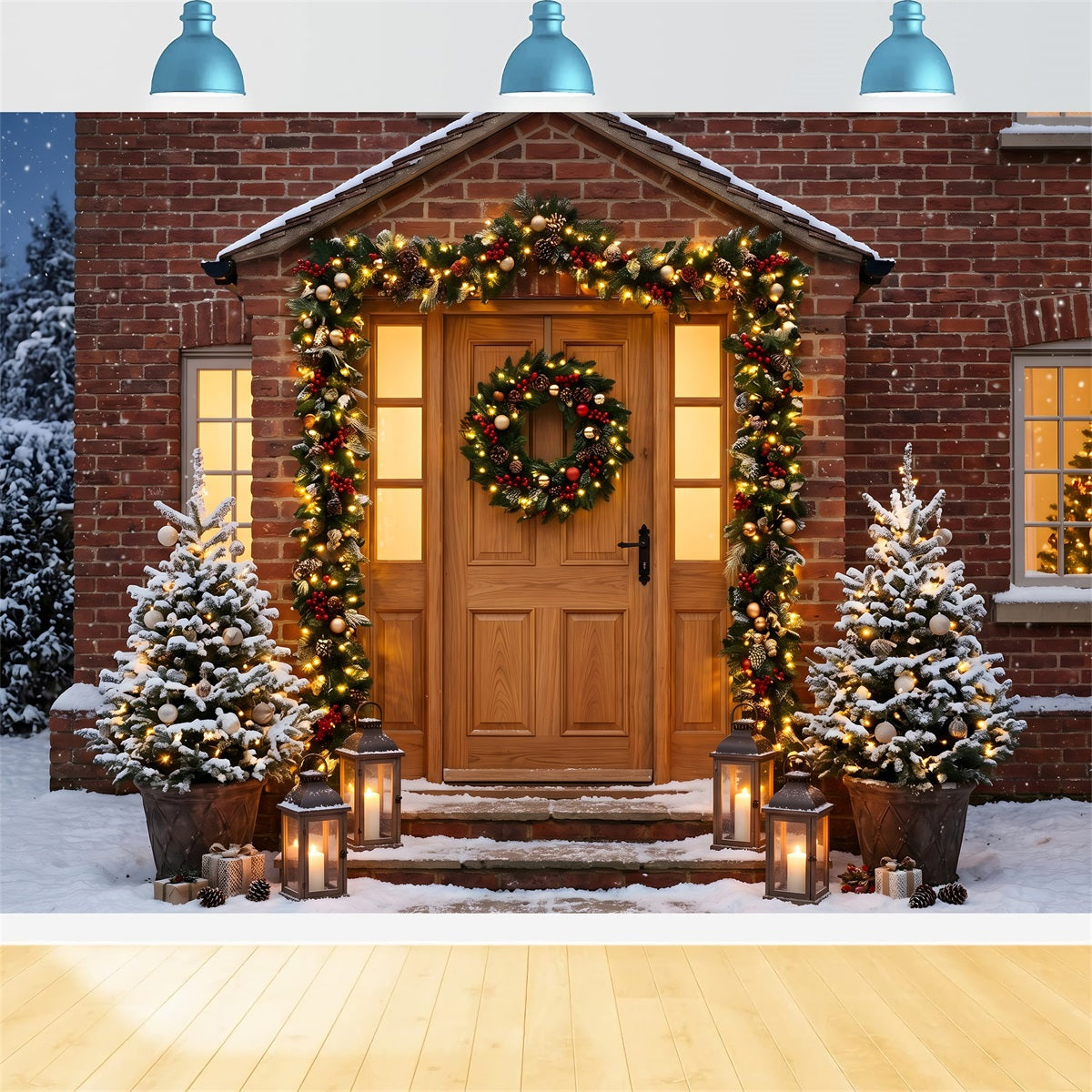 Photo Booth Christmas Backdrop Brick Door Garland Lantern Glow Large Christmas Backdrops UK CEM65-108