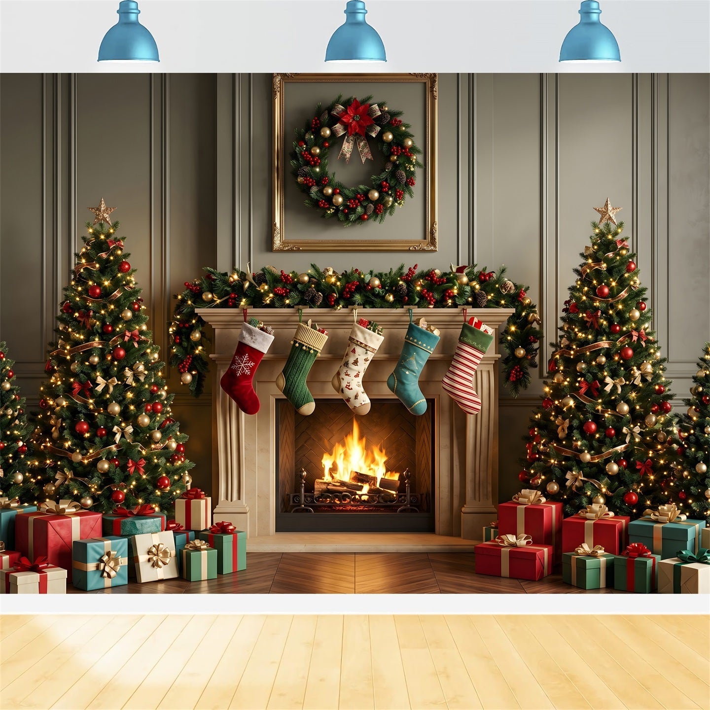 Christmas Backdrops Photography Classic Mantel Stockings Tree Christmas Backdrop UK CEM65-109