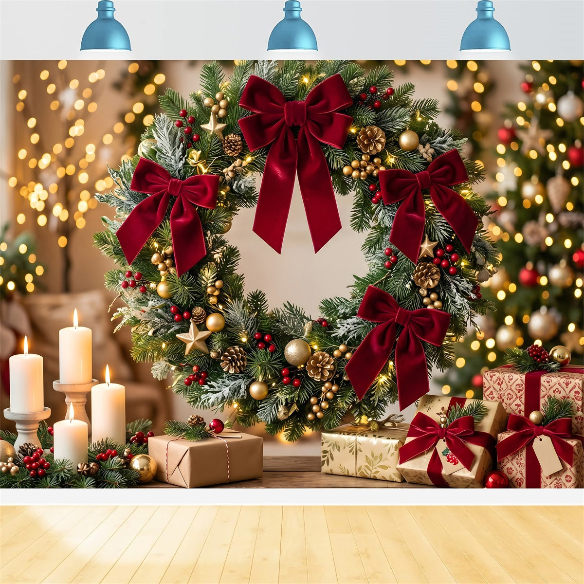 Christmas Backdrop For Photography Velvet Bow Wreath Candle Christmas Backdrop UK CEM65-110