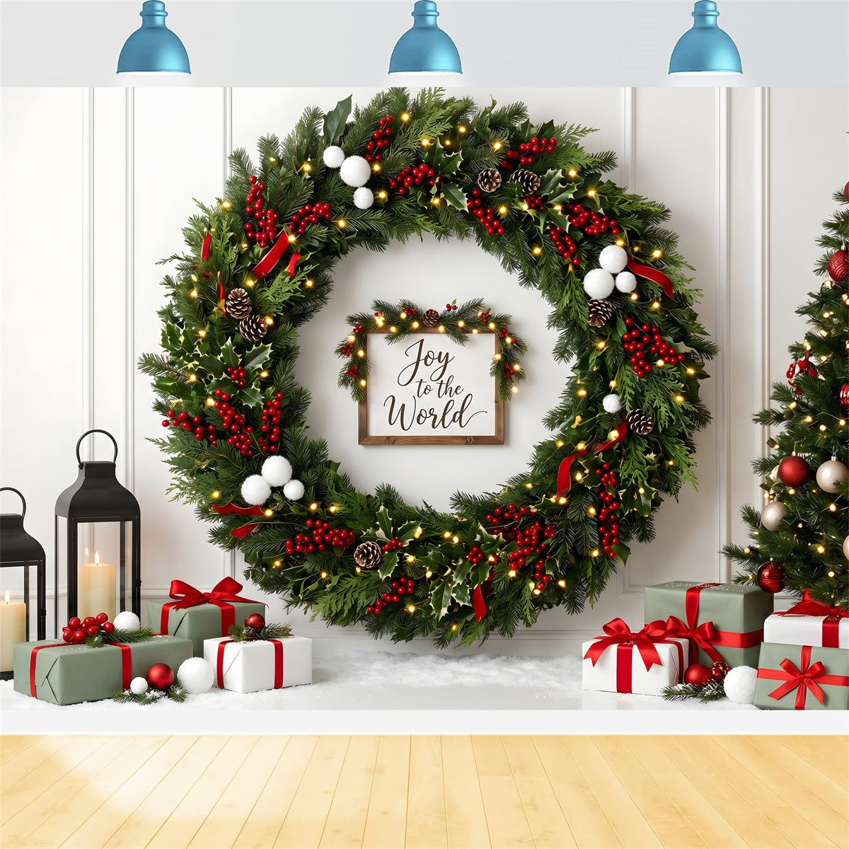 Christmas Wall Backdrop Holly Berry Wreath Lantern Gifts Photography Christmas Backdrop UK CEM65-111