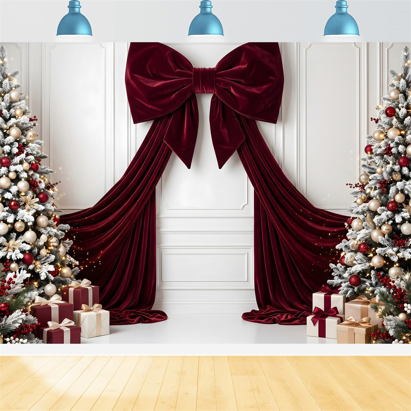 Christmas Backdrop Burgundy Velvet Bow Frosted Trees Christmas Backdrop For Photoshoot UK CEM65-113