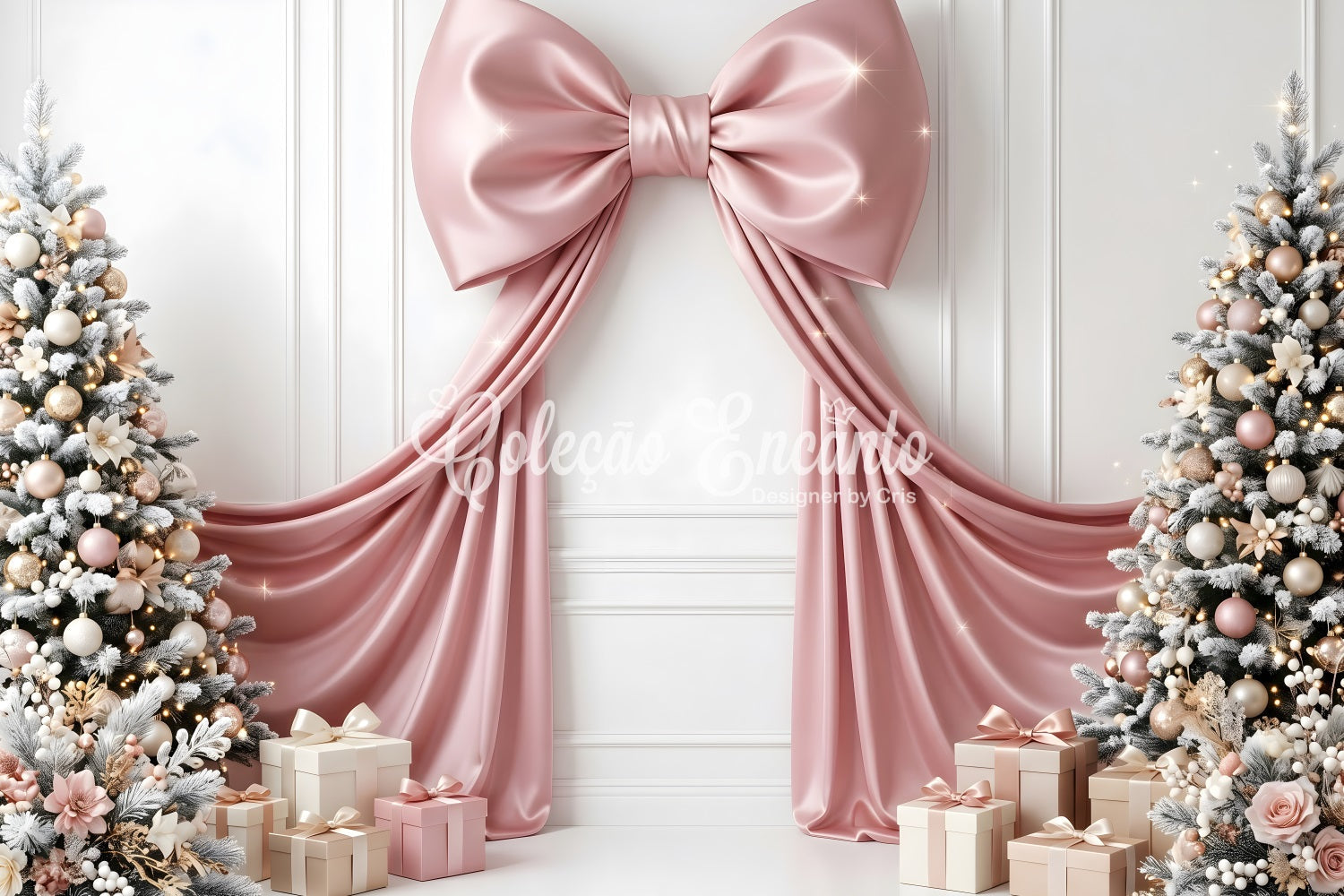 Christmas Backdrop For Wall Pink Satin Bow Gift Trees Backdrop Christmas Photo Booth UK CEM65-114