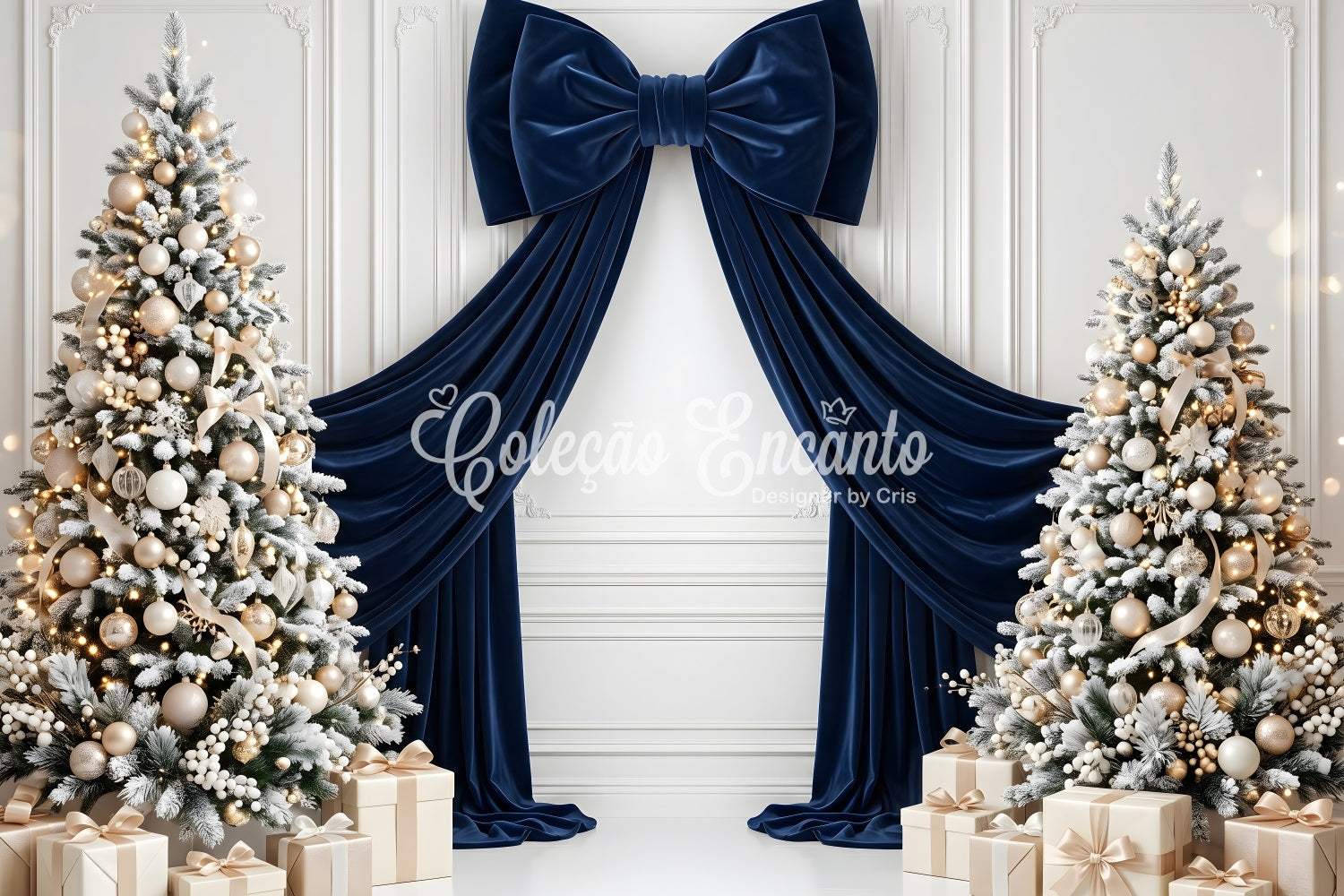 Christmas Themed Backdrops Navy Velvet Bow Frosted Trees Christmas Studio Backdrop UK CEM65-115