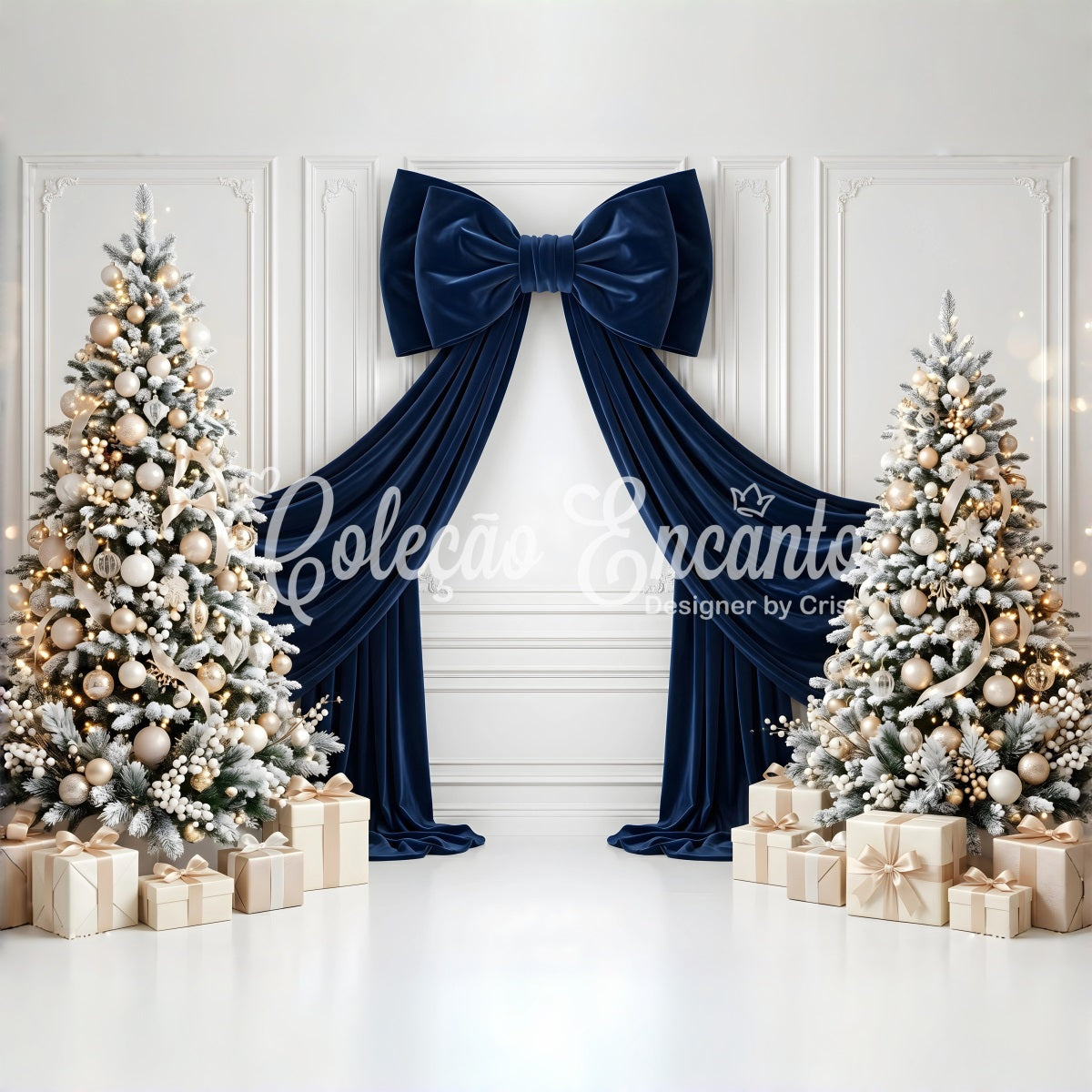Christmas Themed Backdrops Navy Velvet Bow Frosted Trees Christmas Studio Backdrop UK CEM65-115