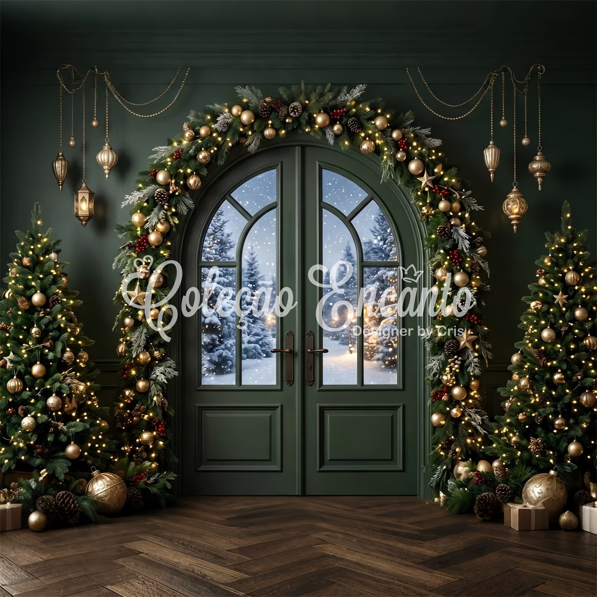 Green Christmas Backdrop Emerald Door Golden Garland Trees Best Christmas Photo Backdrops UK CEM65-117