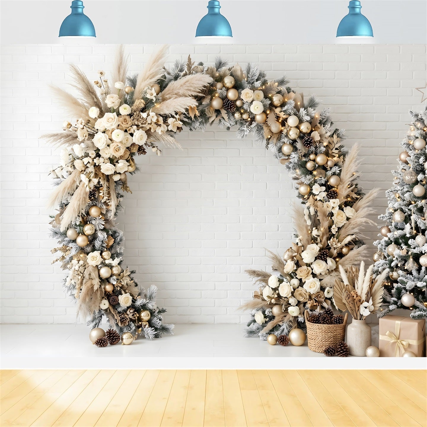Christmas Wall Backdrop Boho Pampas Floral Garland Arch Photography Backdrop Christmas UK CEM65-118